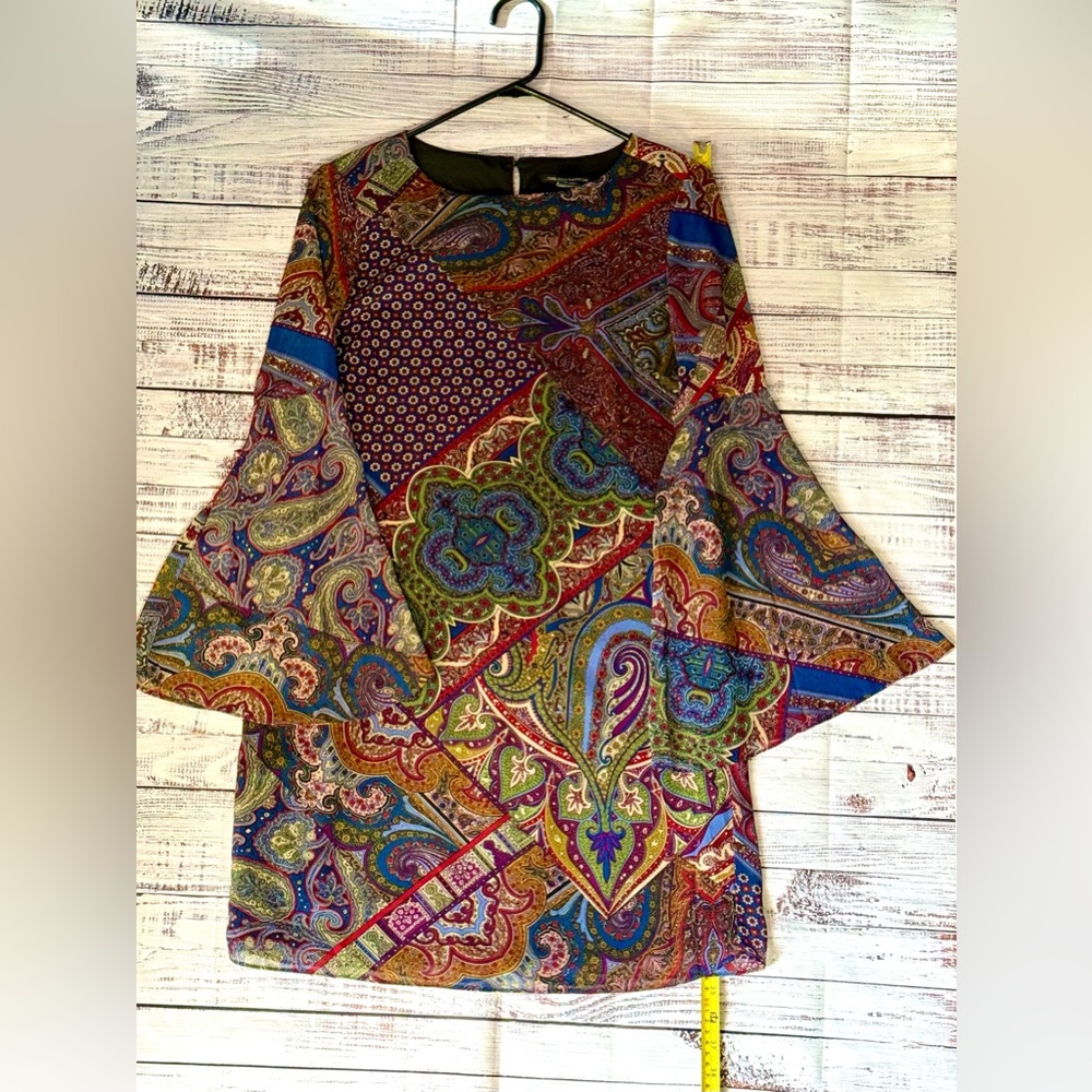 Chelsea & Theodore Multicolor, Silky Lined Paisley Dress with Bat/Flare Sleeves